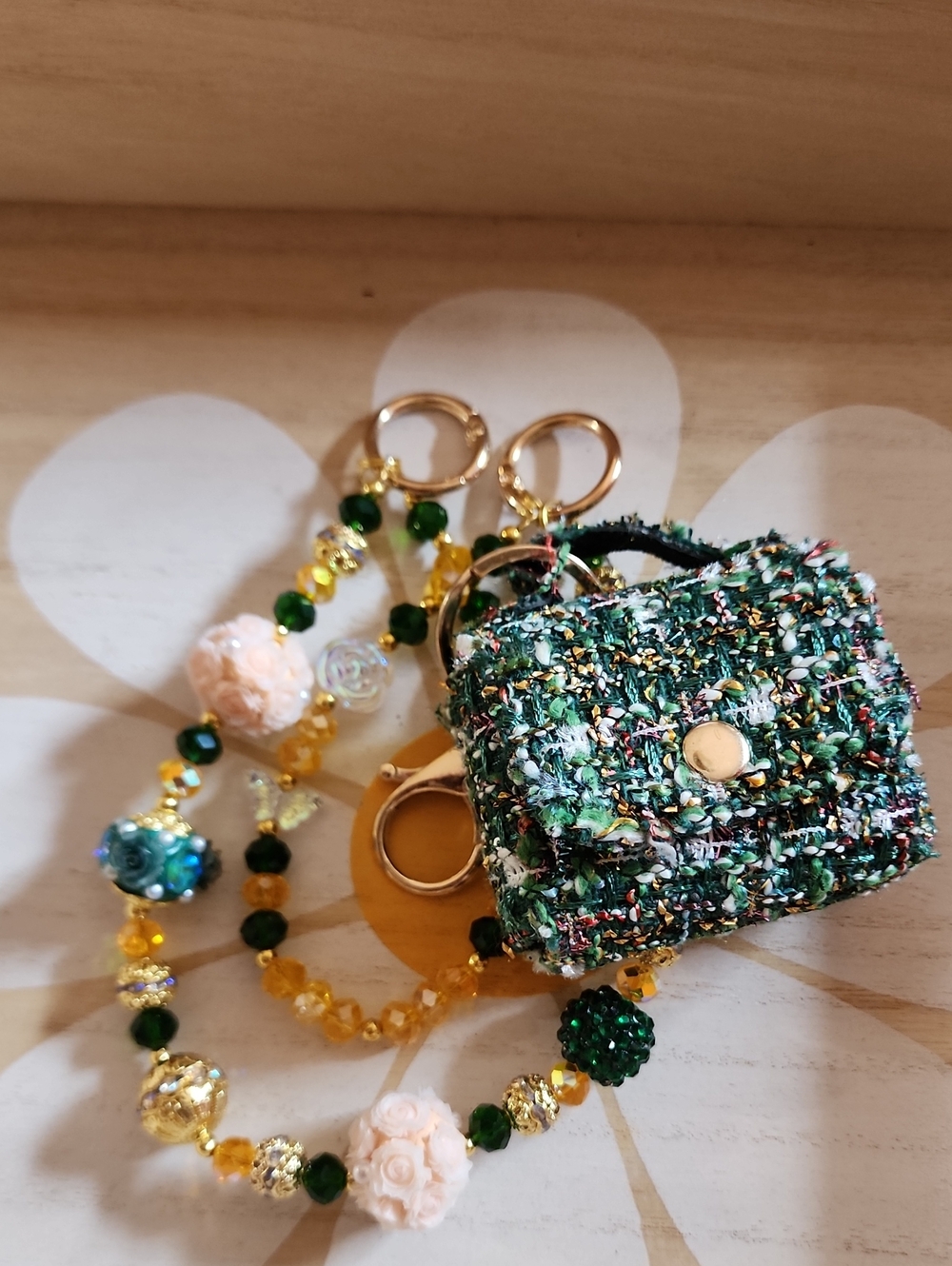 Green Tweed Mini Bag Keychain with Beaded Purse Chain.